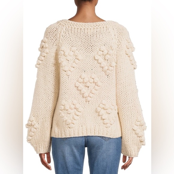 Anthropologie Style Chunky Pom Pom Heart Cardigan Sweater Puffs Size M Cream - Picture 3 of 11